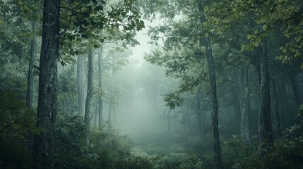 Fototapeta premium A misty forest landscape with trees and green leaves in the morning light