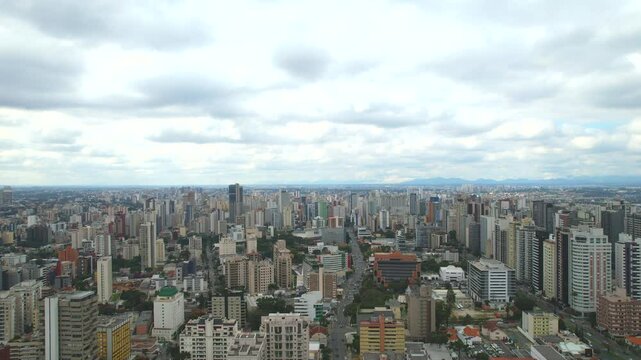 Center of the Batel neighborhood, in the city of Curitiba, state of Paran&aacute;, southern Brazil, aerial drone tour between the buildings