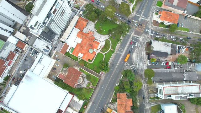 Center of the Batel neighborhood, in the city of Curitiba, state of Paran&aacute;, southern Brazil, aerial drone tour between the buildings 
