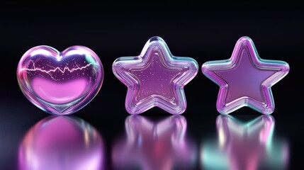 Fototapeta premium Three iridescent glass shapes, a heart and two stars, reflecting on a black surface.