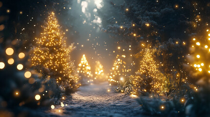 Naklejka premium Magical forest with christmas trees and glowing lights 