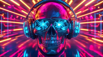 Cartoonish skull jamming to lively beats, wearing quirky headphones, illuminated by flashing neon lights, reflecting an energetic dance scene