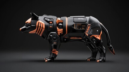 Cybernetic Wolf: A powerful and sleek cybernetic wolf stands poised against a dark backdrop, its metallic frame glinting with futuristic detail, a captivating blend of nature and technology.  