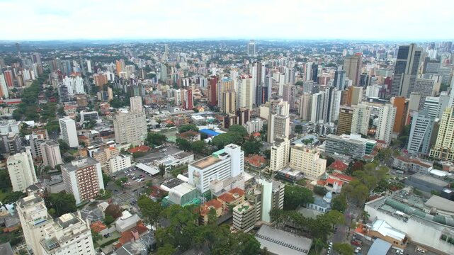 Center of the Batel neighborhood, in the city of Curitiba, state of Paran&aacute;, southern Brazil, aerial drone tour between the buildings