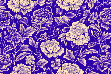 Vintage French Floral Toile Blue Seamless Pattern