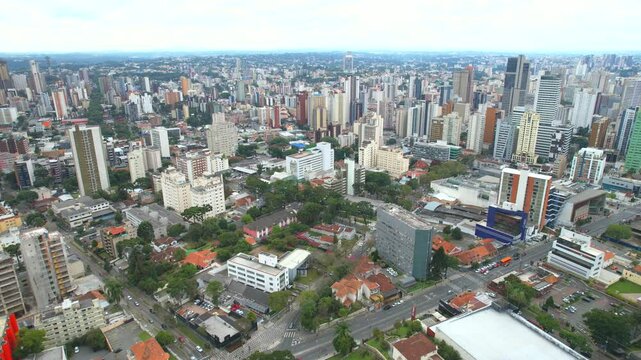 Center of the Batel neighborhood, in the city of Curitiba, state of Paran&aacute;, southern Brazil, aerial drone tour between the buildings
