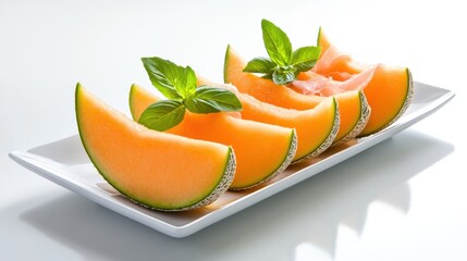 Freshly Sliced Cantaloupe Melon with Green Basil Leaves on White Plate