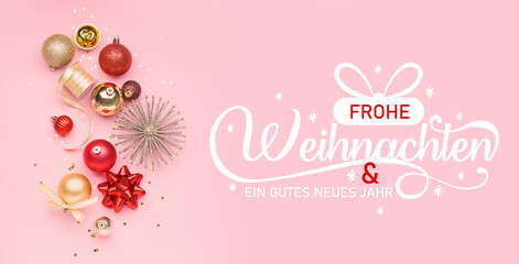 Shiny Christmas decorations with ribbon on pink background