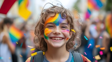 Joyful child at a pride celebration, rainbow tribal face paint, happy expression, school backpack on, surrounded by a crowd with colorful flags and confetti