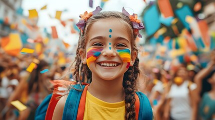 Obraz premium Joyful child at a pride celebration, rainbow tribal face paint, happy expression, school backpack on, surrounded by a crowd with colorful flags and confetti