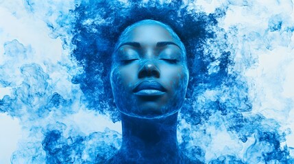 Meditative black woman in an abstract style, radiating calm blue psychic energy, symbolizing well-being, mindfulness, and spiritual self-love