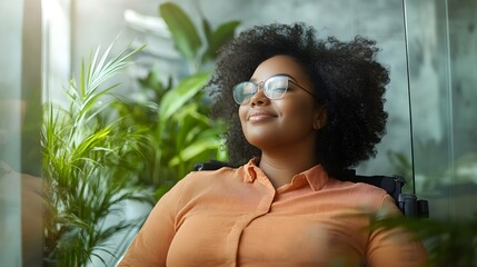 Plus-size black woman in a wheelchair, relaxed in a modern bathroom, double exposure of plants and self-love, body positivity and personal wellness concept