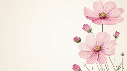 Fototapeta premium Watercolor-style illustration of delicate pink cosmos flowers with buds, arranged in a corner on a light beige background, leaving space for text.