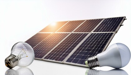 A white background with isolated solar energy panels and eco-friendly LED light bulbs