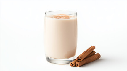 Creamy milk with sprinkle of cinnamon sits in clear glass, accompanied by cinnamon sticks.