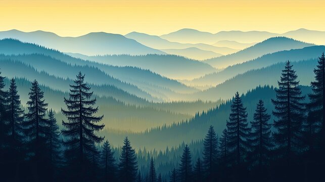 A beautiful panoramic view of a mountain range with a forest in the foreground. The sun is setting, casting a warm glow on the mountains.