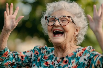 Joyful elderly woman celebrating outdoors with arms raised, wearing floral attire, under bright sunlight in a vibrant garden. Generative AI