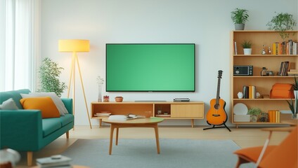 A cozy, modern living room with a large TV, guitar, and neatly organized bookshelf, showcasing a harmonious blend of comfort and style with natural light and decor.