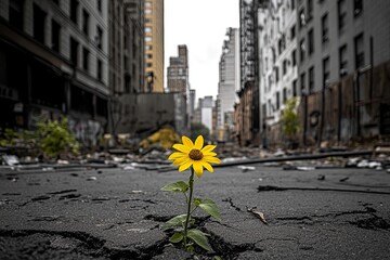 A vibrant yellow flower blooms in a cracked city street amidst abandoned buildings in an urban landscape. Generative AI