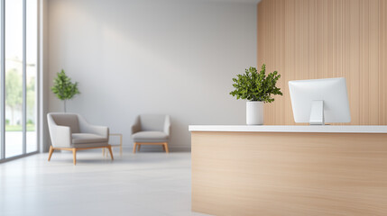 Modern reception area with sleek wooden desk, potted plants, and comfortable seating. bright space features large windows allowing natural light to enhance welcoming atmosphere.