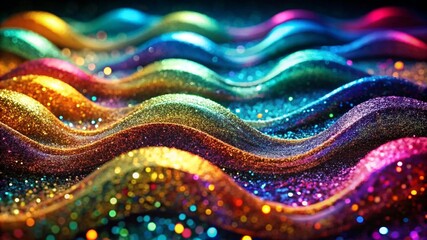Abstract Waves in Triadic Colors with Glitter on Black Background.