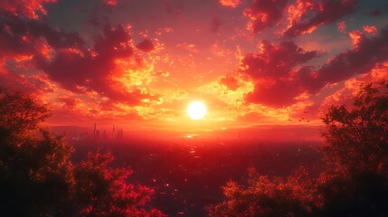 Obraz premium Dramatic Sunset with Fiery Sky and Silhouetted Trees