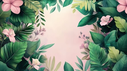 Serene Greenery with Vibrant Flowers - Detailed Vector Illustration with Round Cutout Space on Pastel Background