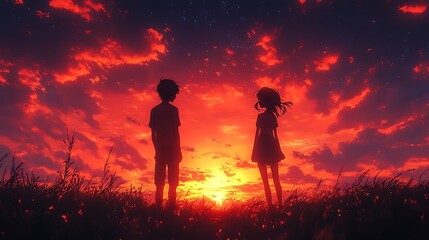 Silhouette of Couple Against Dramatic Red Sunset Sky, Anime Art Style