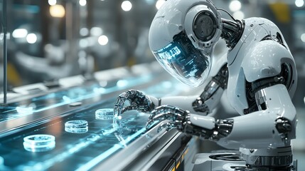 Fototapeta premium Robot arms with built-in holographic screens performing instant quality checks on food, chrome and glass textures, cyberpunk style, soft blue light, intricate, digital art