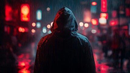 Mysterious hooded figure walking through the city at night in the rain, illuminated by colorful neon lights
