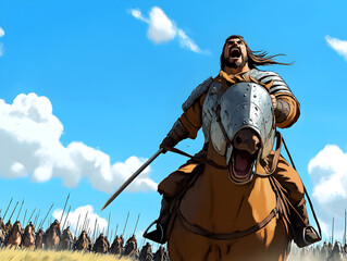 Naklejka premium A bold Mongol chieftain, mounted on a powerful horse, rallying his troops as they prepare for a large-scale raid across the vast steppes, the wind blowing through his hair. Mongol chieftain rallying h