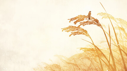 rice, Ear of rice, autumn, sun, sparrow, golden, Japanese pattern, Japan, tradition, typical, Japanese art, Japanese painting, ink painting, sumi-e, ukiyo-e, elegance, happiness, landscape, wabi-sabi,