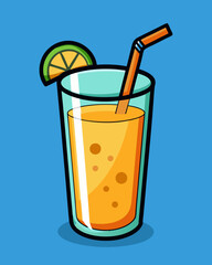 Vector illustration of a glass of orange juice with orange slice and a straw. stock illustration