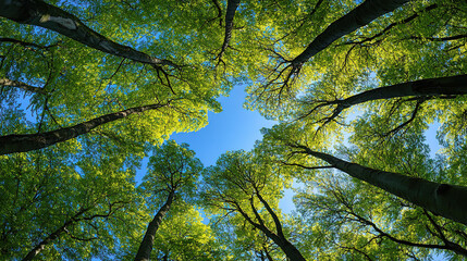 Fototapeta premium A tree canopy shoot from below, capturing the intricate details of the leaves and branches. The sky is visible through the gaps in the canopy, showcasing a vibrant blue backdrop.