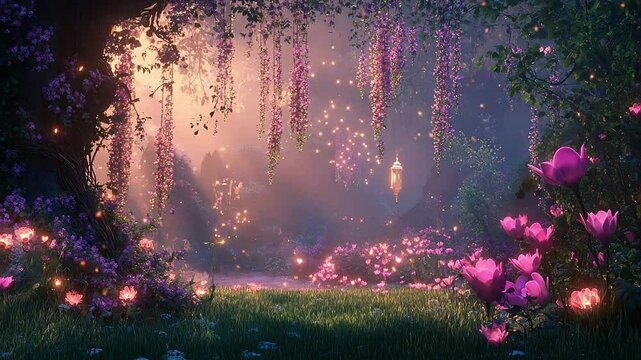 Enchanted Garden Seamless Loop Background with Glowing Light