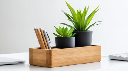 Stylish Desk Organizer with Green Plants and Pens
