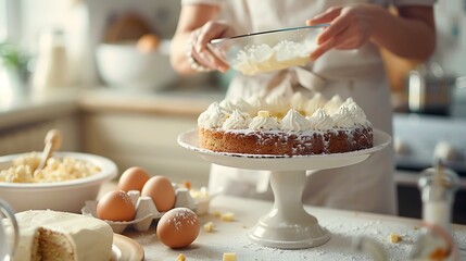Baking a delicious cake in a bright inviting kitchen featuring a person mixing flour eggs and butter with a beautifully decorated cake on a stand in the background