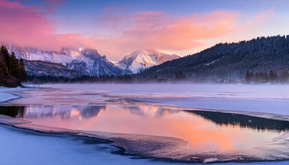 Fototapeta premium A frozen lake reflecting the pink and purple hues of a winter sunset, with snow-capped mountains in the background and soft mist rising from the ice.
