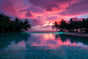 Obraz premium A tranquil tropical setting during sunset. A luxurious infinity pool stretches out, reflecting the vibrant hues of the pink and purple sky. 