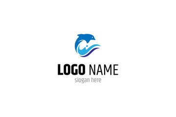 Fototapeta premium Dolphin logo jumping with blue water waves in flat design