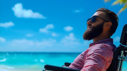 Bearded man in a wheelchair, enjoying a sunny day at the beach, ocean waves lapping at the shore, carefree smile. Realistic style, soft lighting, vibrant colors, relaxing atmosphere