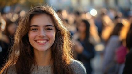 Portrait of a smiling joyful young woman against the background of a crowd of people with space for text or inscriptions, health, happiness and good mood