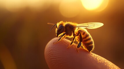 A bee sitting on the tip of a human finger against a beautiful sunset background with space for text or inscriptions, a human and nature bee motif