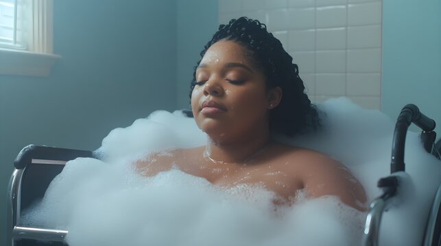 Black plus-size woman in a bathtub, wheelchair beside her, self-care routine, wellness-focused, double exposure with calm water, body positivity celebration
