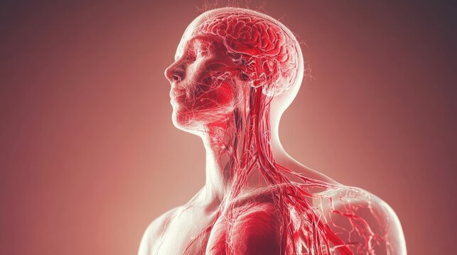 Human model with visible circulatory system or arteries and veins close up, human anatomy close up on light pink background with space for text or inscriptions, biology and neurology science. Health a