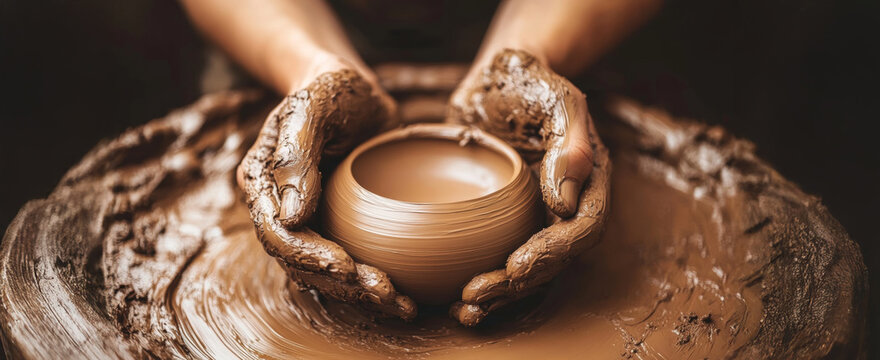 Potter's Hands Shaping Clay: A close-up shot of hands meticulously shaping clay on a pottery wheel, showcasing the artistry and dedication of a craftsperson.