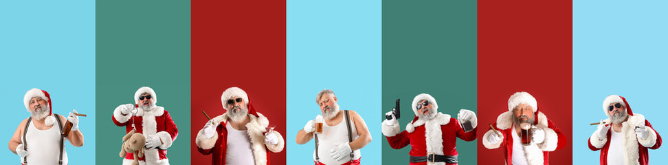Collage with bad Santa on color background