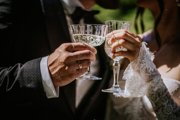 Close-up of a bride and groom toasting with crystal glasses during their wedding celebration, showing their rings and elegant attire.