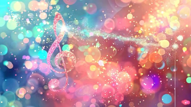 Abstract colorful music notes on colorful glittering particle background, musical video background