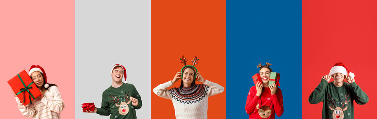 Set of people in Christmas sweaters and with gifts on color background